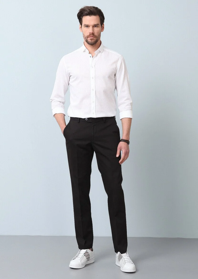 Siyah Düz Dokuma Regular Fit Smart Casual Pamuk Karışımlı Pantolon - 1