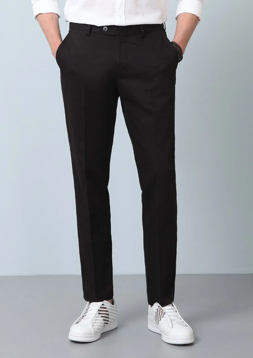 Siyah Düz Dokuma Regular Fit Smart Casual Pamuk Karışımlı Pantolon 
