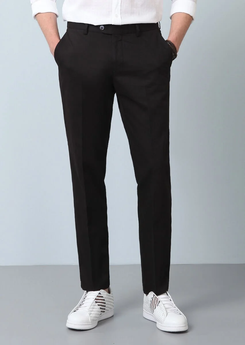 Siyah Düz Dokuma Regular Fit Smart Casual Pamuk Karışımlı Pantolon - 2