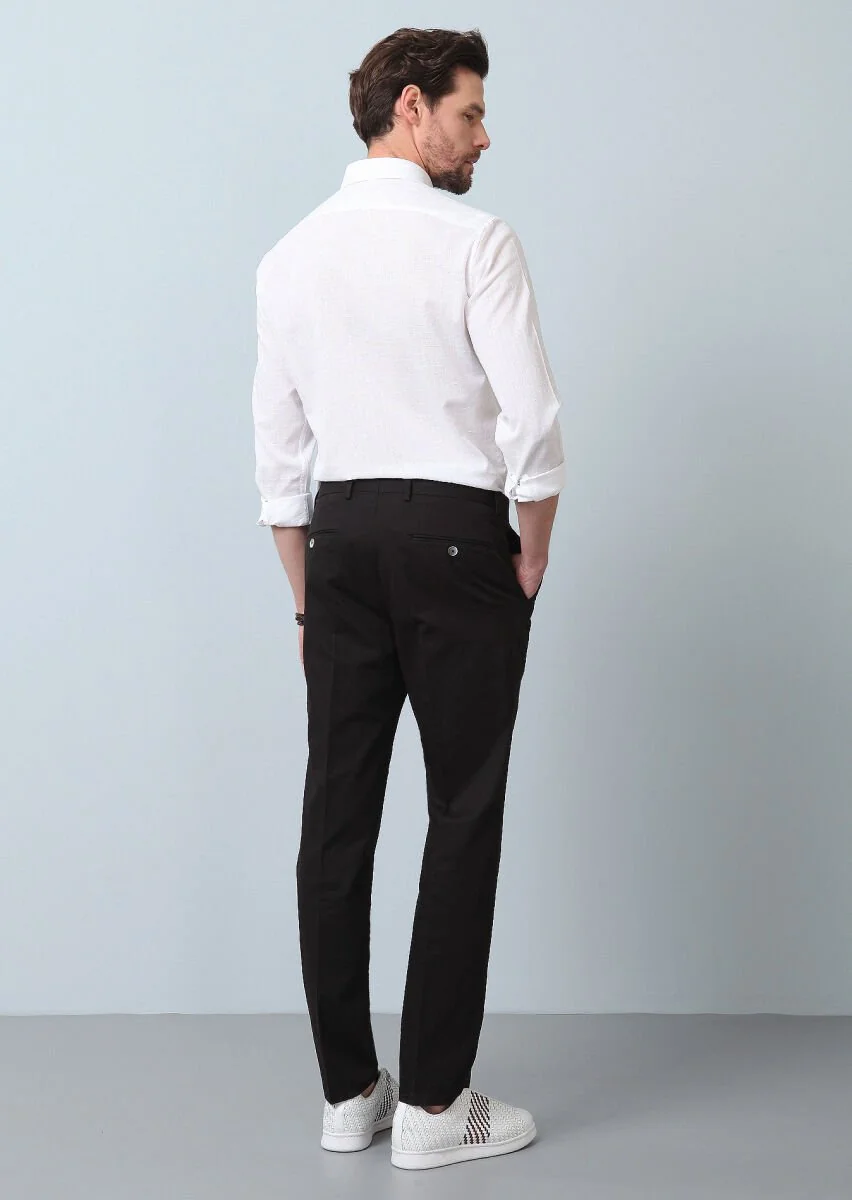 Siyah Düz Dokuma Regular Fit Smart Casual Pamuk Karışımlı Pantolon - 4