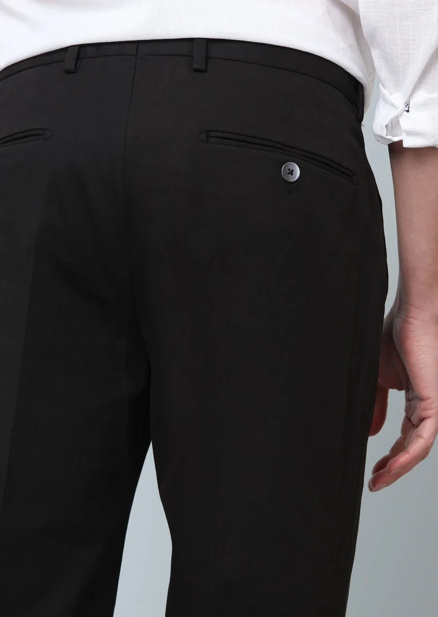 Siyah Düz Dokuma Regular Fit Smart Casual Pamuk Karışımlı Pantolon - 5