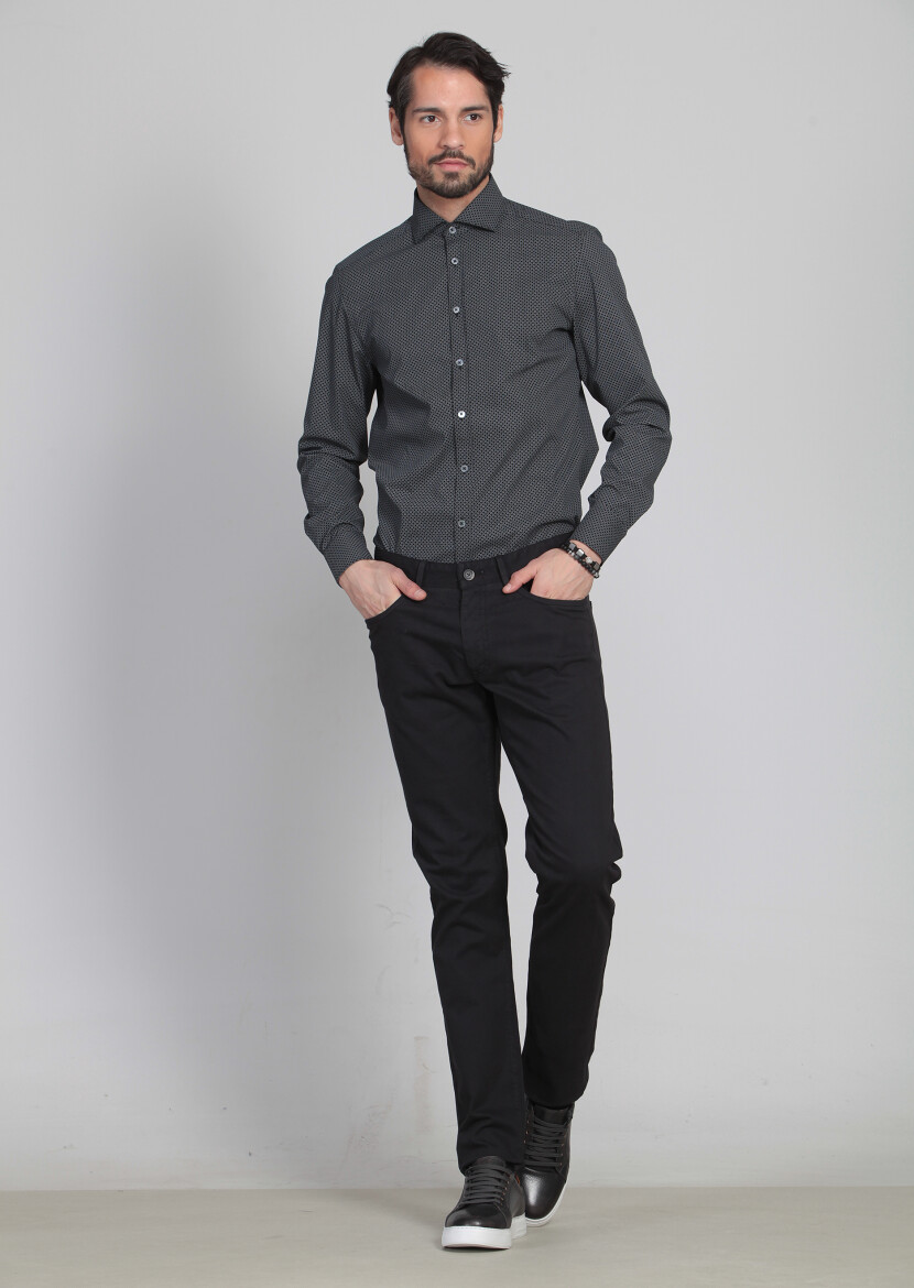 Siyah Düz Dokuma Slim Fit Casual Pamuk Karışımlı Pantolon - 2