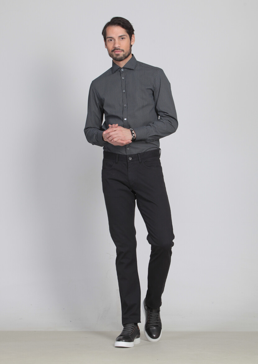 Siyah Düz Dokuma Slim Fit Casual Pamuk Karışımlı Pantolon - 3