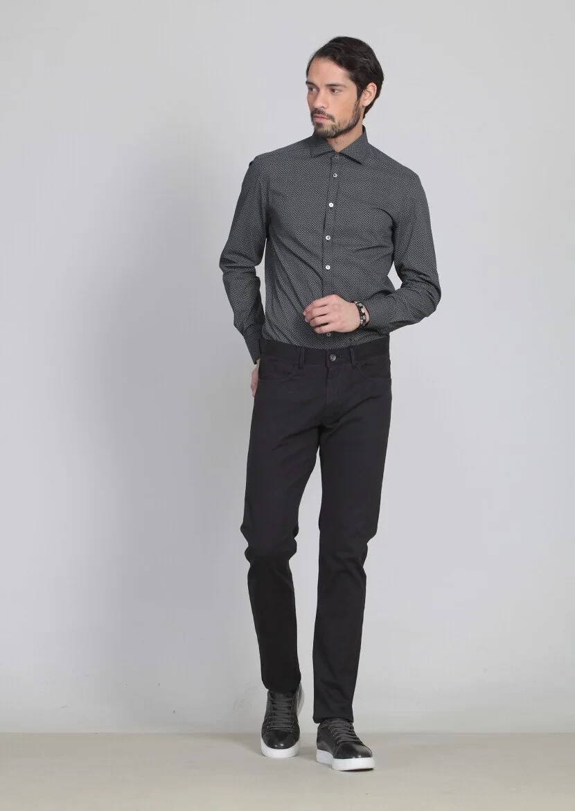 Siyah Düz Dokuma Slim Fit Casual Pamuk Karışımlı Pantolon - 1