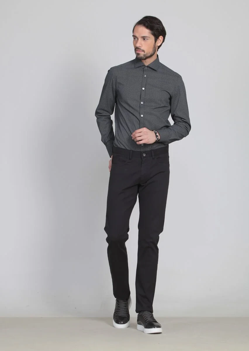 Siyah Düz Dokuma Slim Fit Casual Pamuk Karışımlı Pantolon - 1