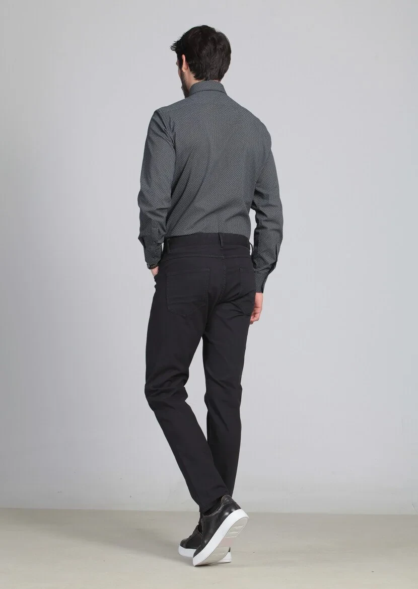 Siyah Düz Dokuma Slim Fit Casual Pamuk Karışımlı Pantolon - 5
