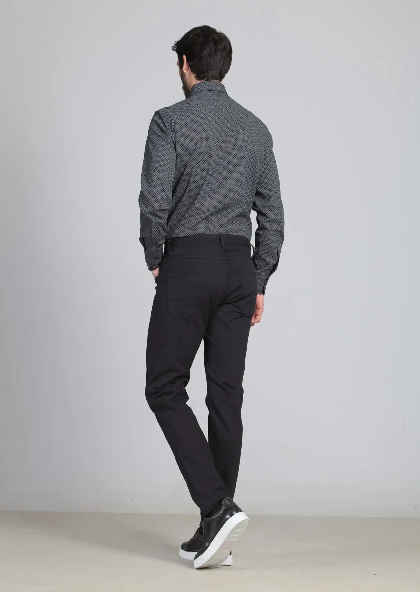 Siyah Düz Dokuma Slim Fit Casual Pamuk Karışımlı Pantolon - 5