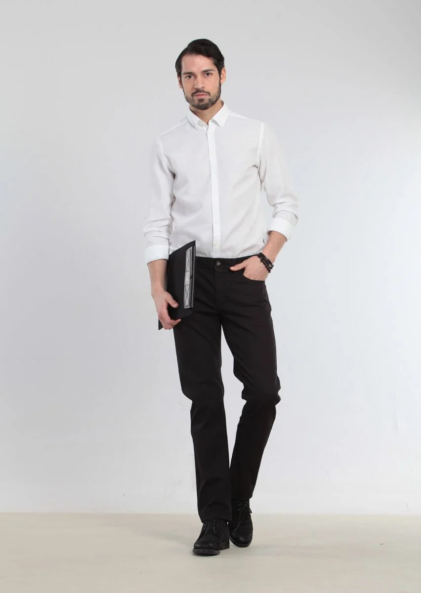 Siyah Düz Dokuma Slim Fit Casual Pamuk Karışımlı Pantolon - 1