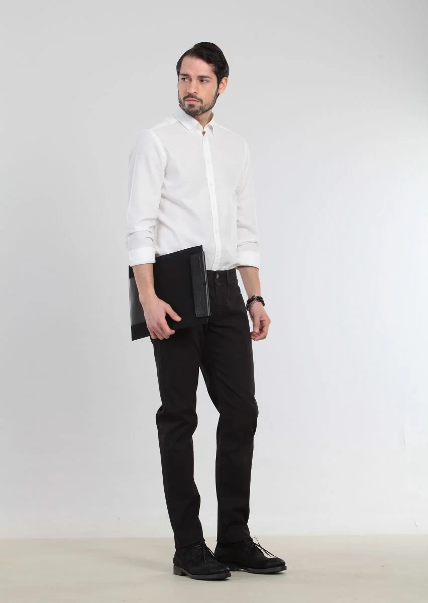 Siyah Düz Dokuma Slim Fit Casual Pamuk Karışımlı Pantolon - 3