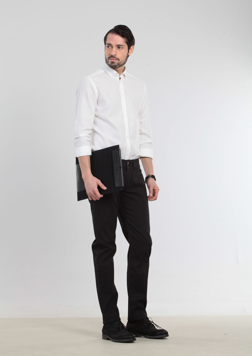 Siyah Düz Dokuma Slim Fit Casual Pamuk Karışımlı Pantolon - 3