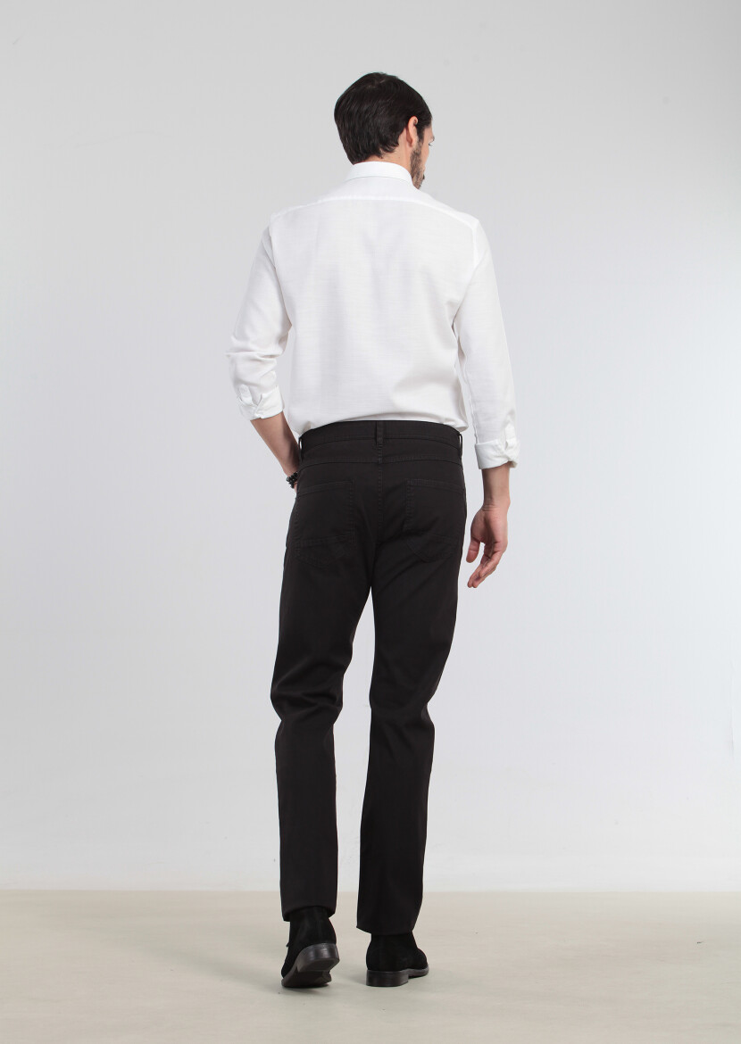 Siyah Düz Dokuma Slim Fit Casual Pamuk Karışımlı Pantolon - 5