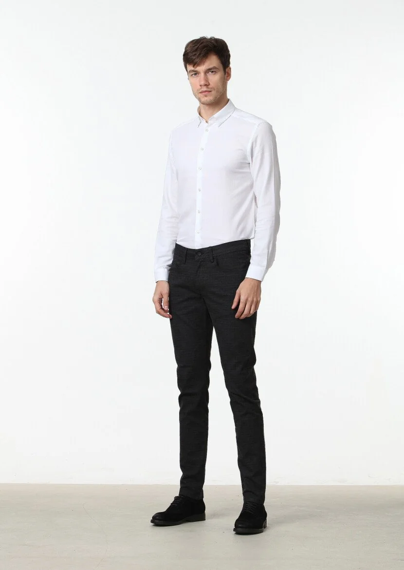 Siyah Düz Dokuma Slim Fit Casual Pamuk Karışımlı Pantolon - 2