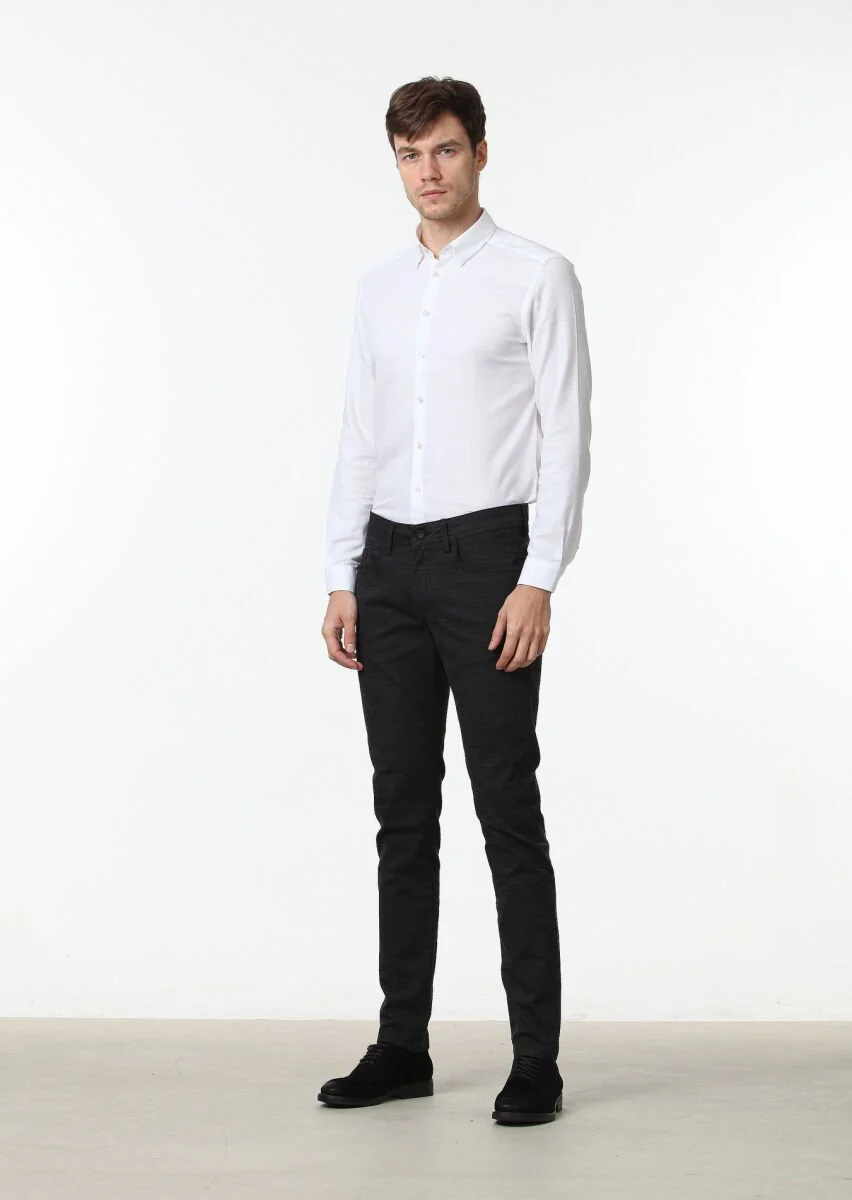 Siyah Düz Dokuma Slim Fit Casual Pamuk Karışımlı Pantolon - 2