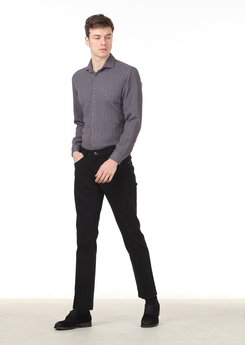 Siyah Düz Dokuma Slim Fit Casual Pamuk Karışımlı Pantolon 