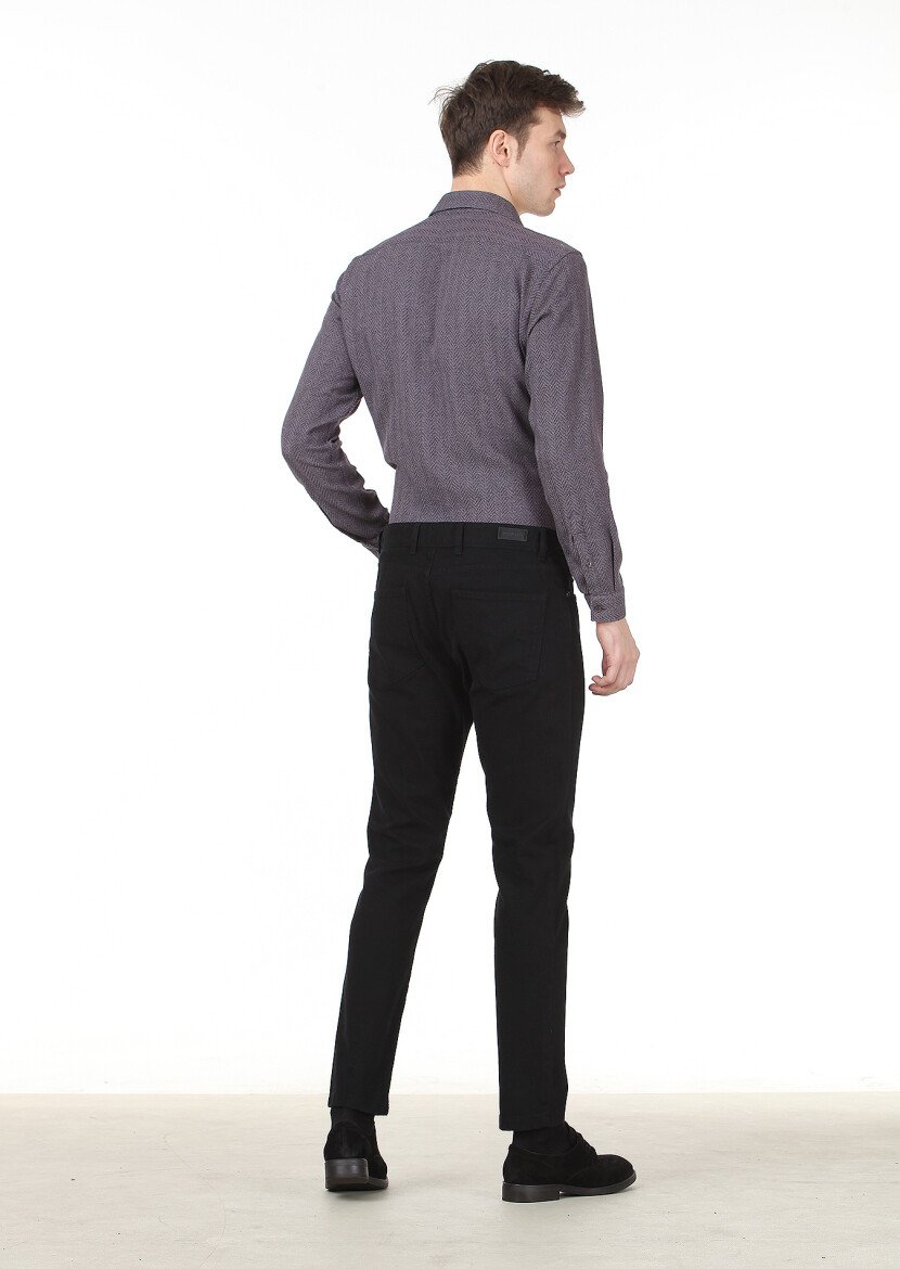 Siyah Düz Dokuma Slim Fit Casual Pamuk Karışımlı Pantolon - 4