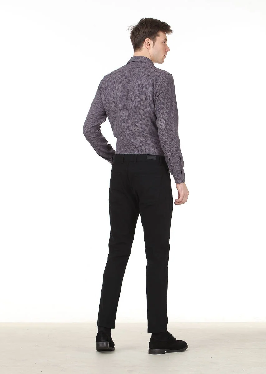 Siyah Düz Dokuma Slim Fit Casual Pamuk Karışımlı Pantolon - 4