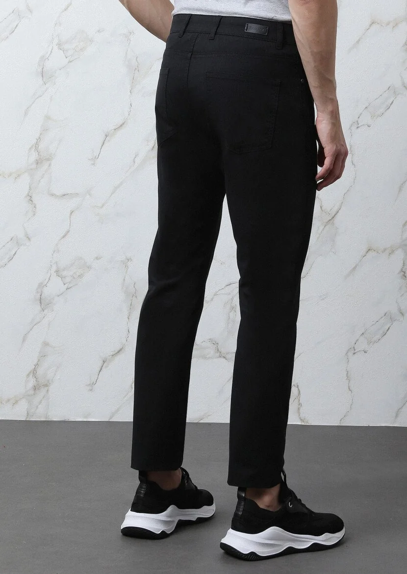 Siyah Düz Dokuma Slim Fit Casual Pamuk Karışımlı Pantolon - 5