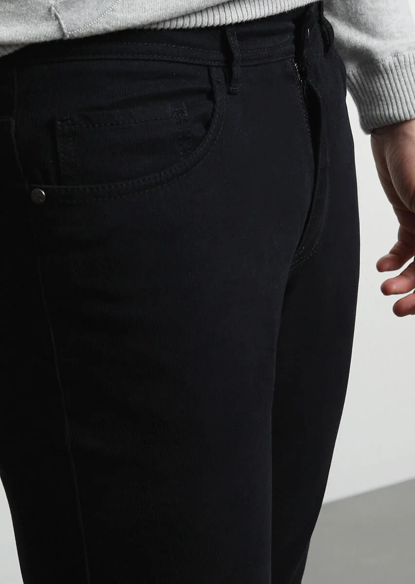 Siyah Düz Dokuma Slim Fit Casual Pamuk Karışımlı Pantolon - 2