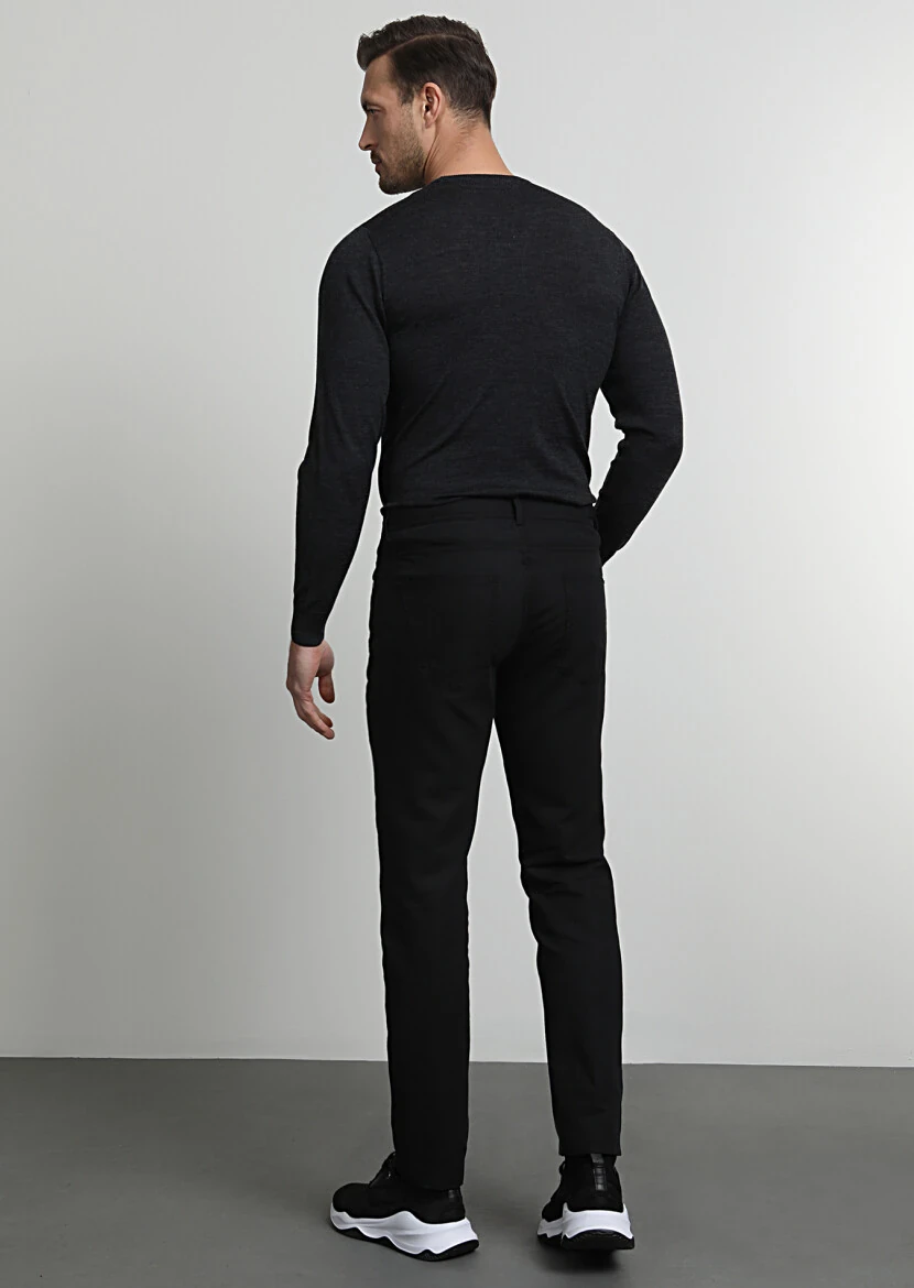 Siyah Düz Dokuma Slim Fit Casual Pamuk Karışımlı Pantolon - 4