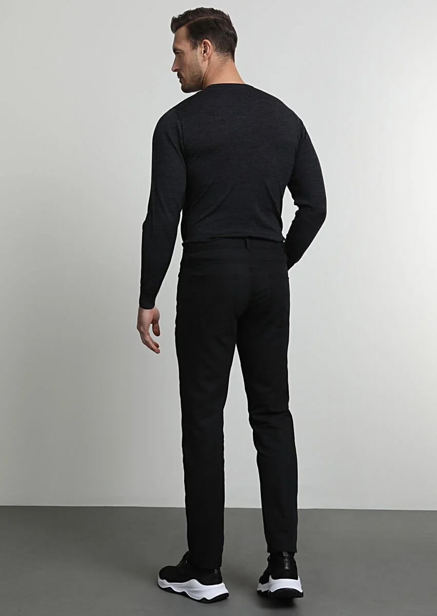 Siyah Düz Dokuma Slim Fit Casual Pamuk Karışımlı Pantolon - 4