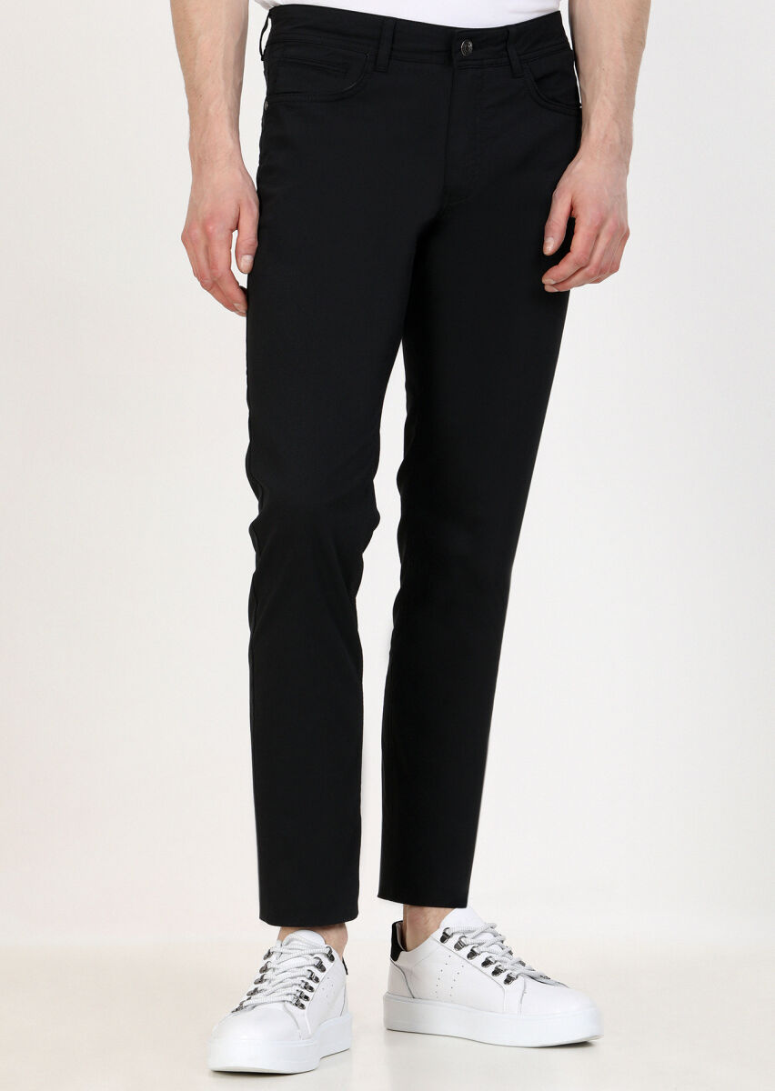 Siyah Düz Dokuma Slim Fit Casual Pamuk Karışımlı Pantolon - 2