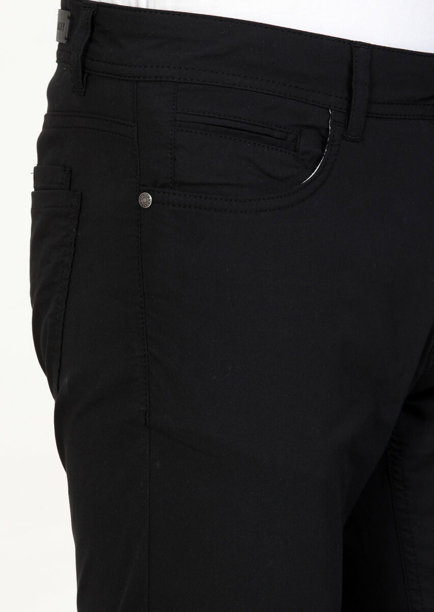 Siyah Düz Dokuma Slim Fit Casual Pamuk Karışımlı Pantolon - 3