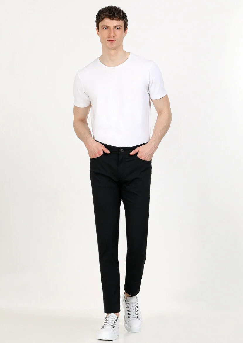 Siyah Düz Dokuma Slim Fit Casual Pamuk Karışımlı Pantolon - 1