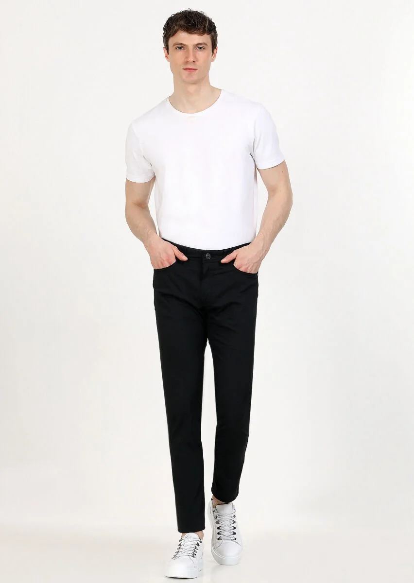 Siyah Düz Dokuma Slim Fit Casual Pamuk Karışımlı Pantolon - 1