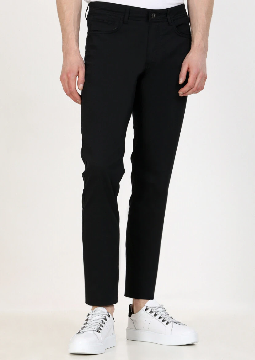 Siyah Düz Dokuma Slim Fit Casual Pamuk Karışımlı Pantolon 