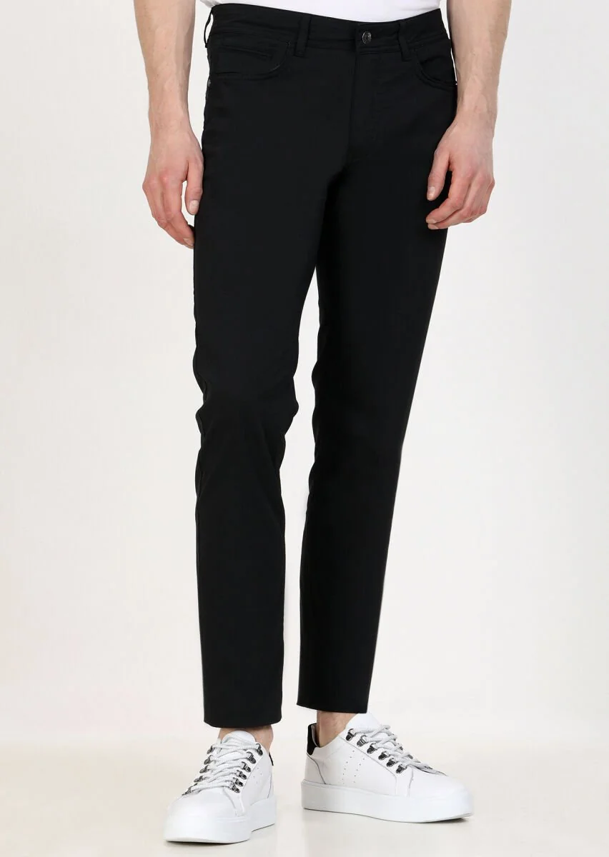 Siyah Düz Dokuma Slim Fit Casual Pamuk Karışımlı Pantolon - 2