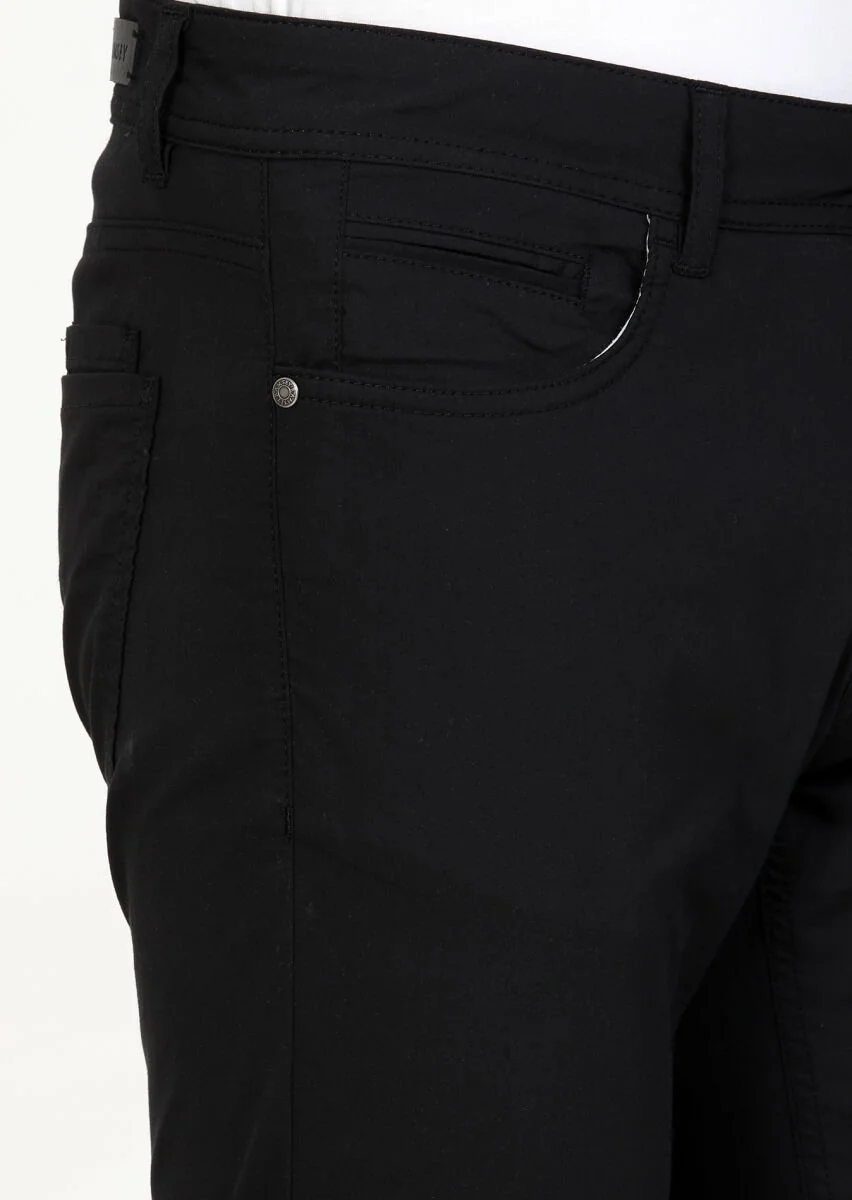 Siyah Düz Dokuma Slim Fit Casual Pamuk Karışımlı Pantolon - 3