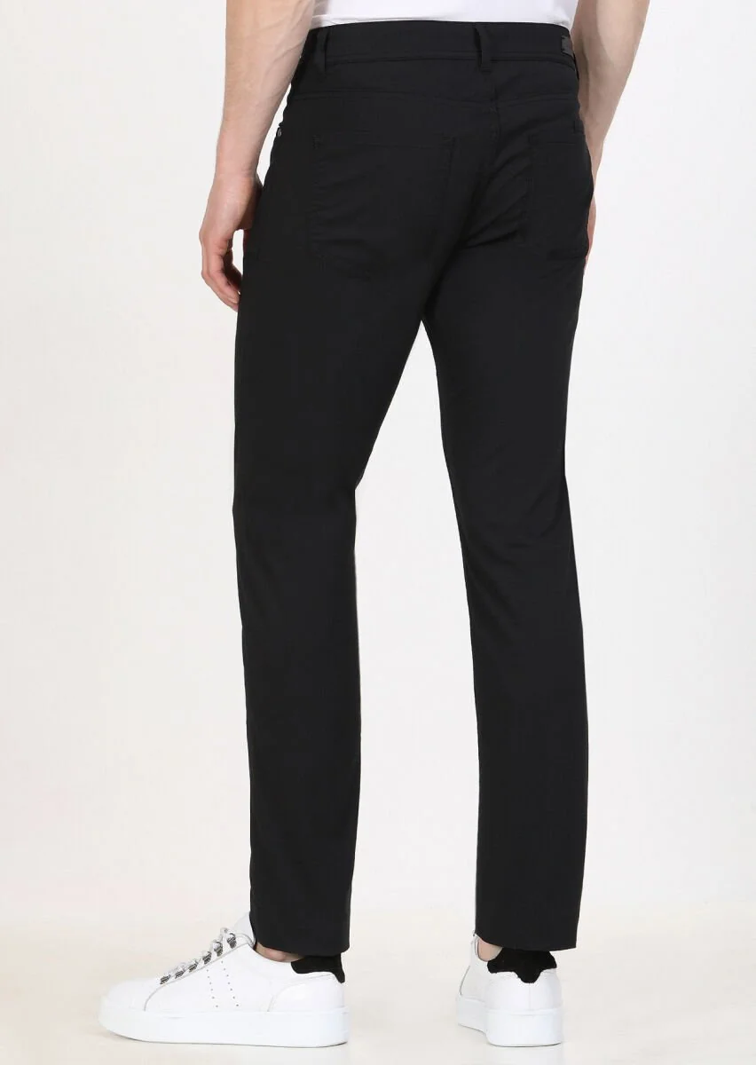 Siyah Düz Dokuma Slim Fit Casual Pamuk Karışımlı Pantolon - 4