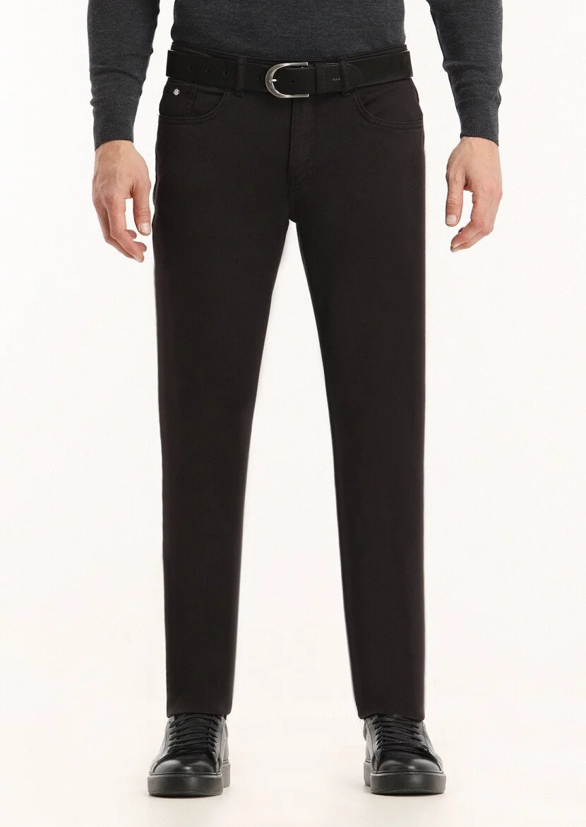 Siyah Düz Dokuma Slim Fit Casual Pamuk Karışımlı Pantolon 