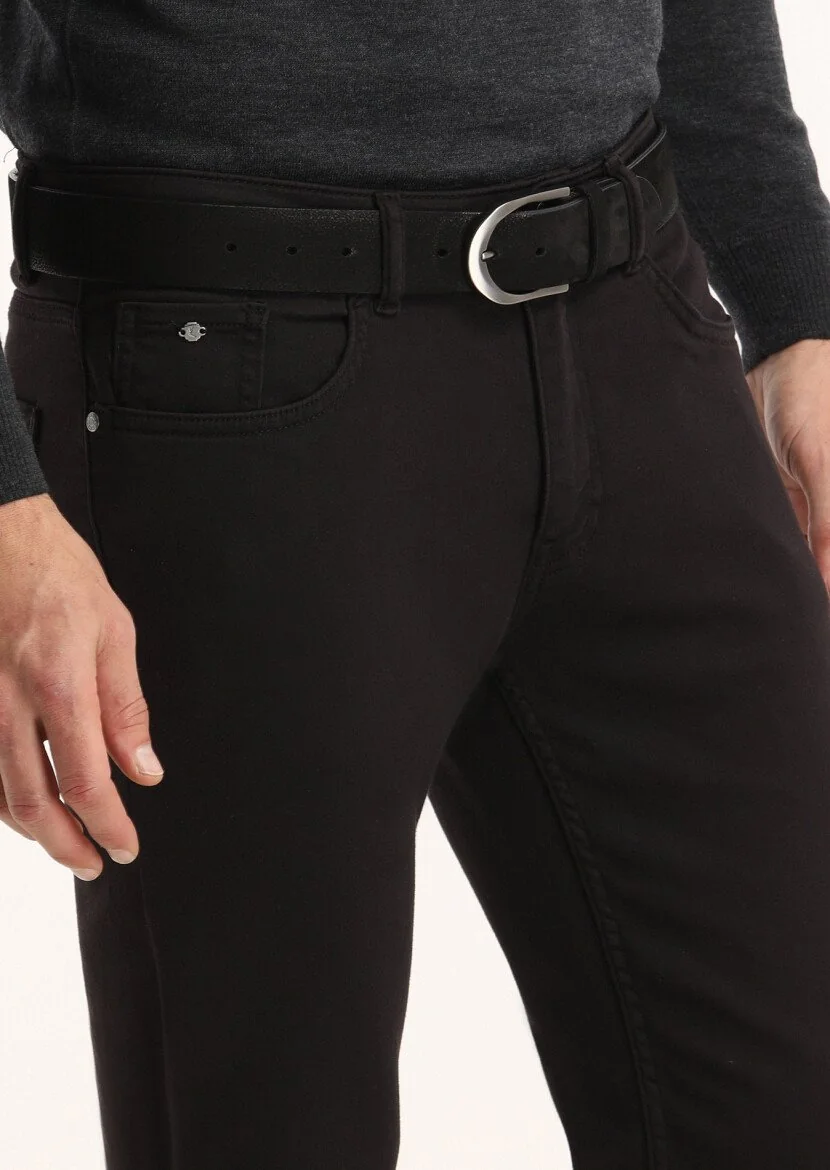 Siyah Düz Dokuma Slim Fit Casual Pamuk Karışımlı Pantolon - 3