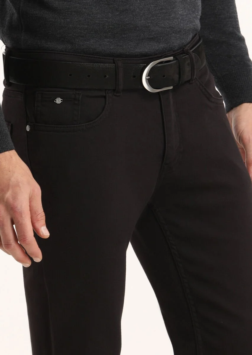 Siyah Düz Dokuma Slim Fit Casual Pamuk Karışımlı Pantolon - 3