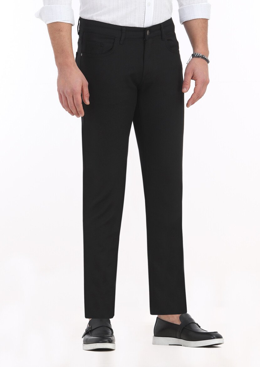 Siyah Düz Dokuma Slim Fit Casual Pamuk Karışımlı Pantolon 