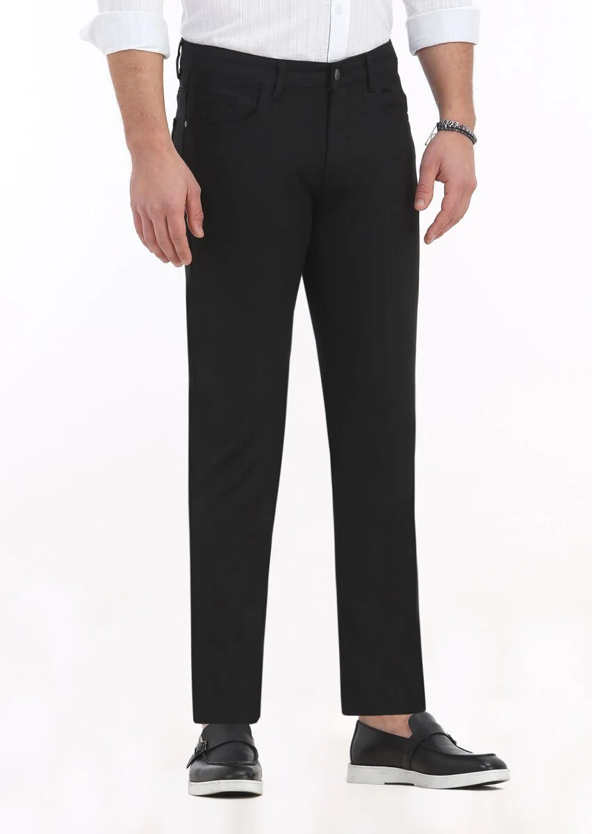 Siyah Düz Dokuma Slim Fit Casual Pamuk Karışımlı Pantolon - 2