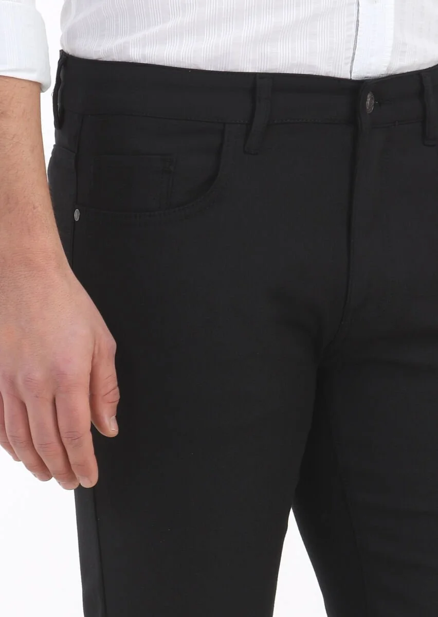 Siyah Düz Dokuma Slim Fit Casual Pamuk Karışımlı Pantolon - 3