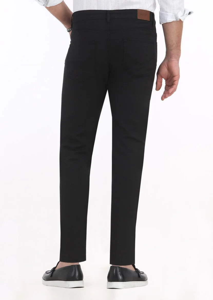 Siyah Düz Dokuma Slim Fit Casual Pamuk Karışımlı Pantolon - 4
