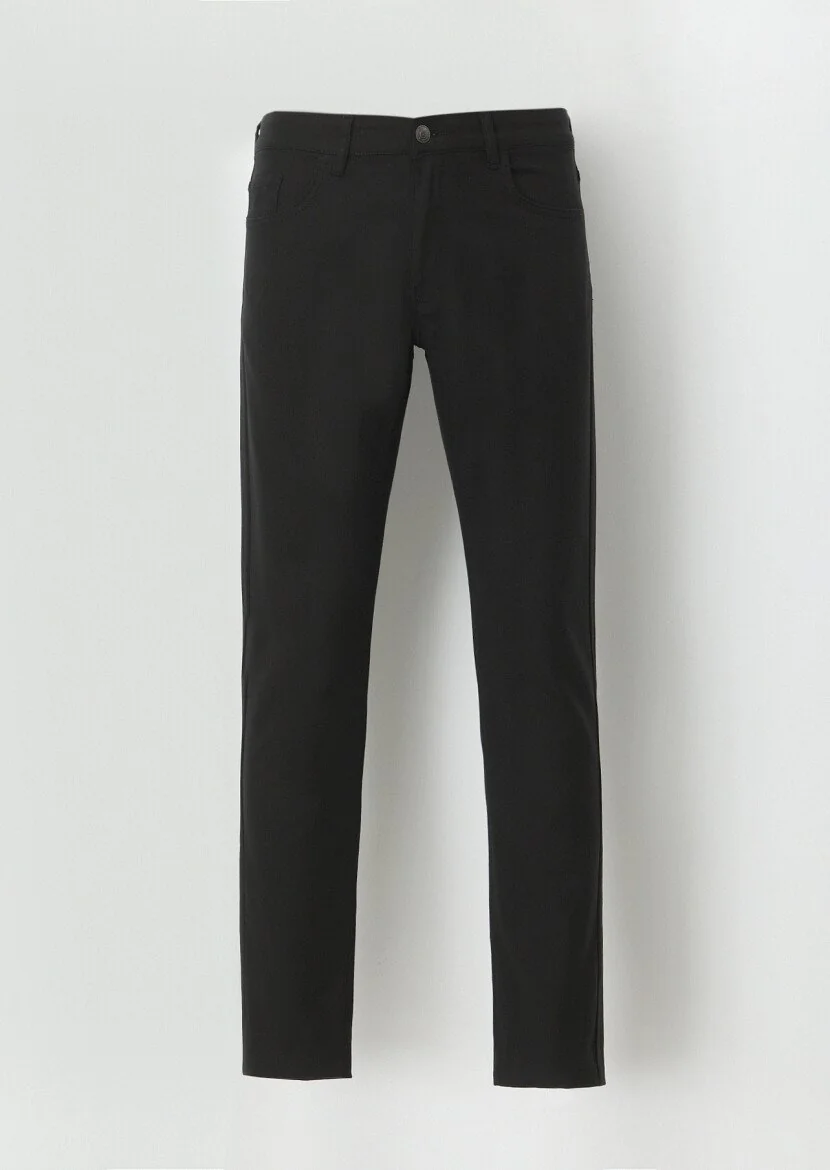 Siyah Düz Dokuma Slim Fit Casual Pamuk Karışımlı Pantolon - 5