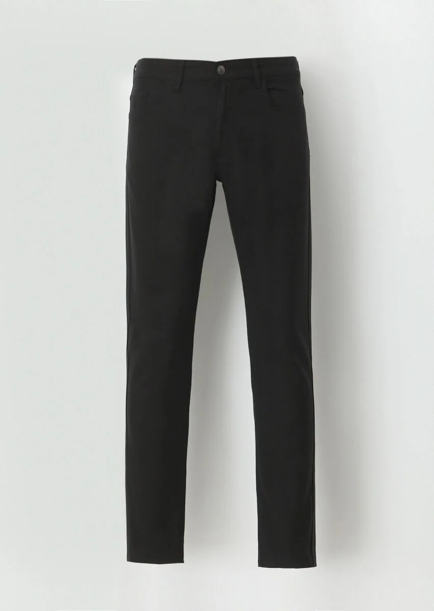 Siyah Düz Dokuma Slim Fit Casual Pamuk Karışımlı Pantolon - 5