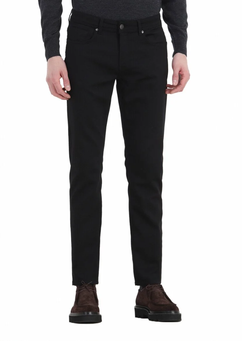 Siyah Düz Dokuma Slim Fit Casual Pamuk Karışımlı Pantolon 