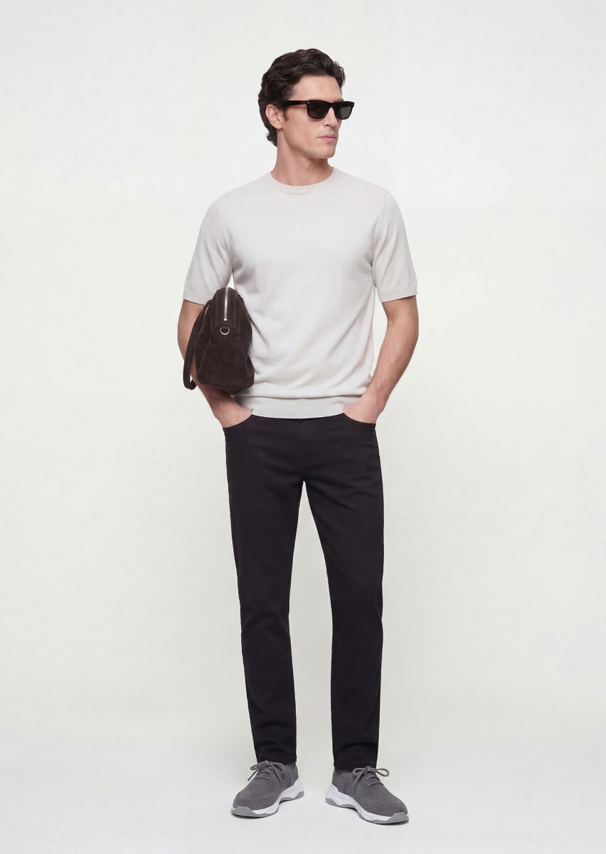 Siyah Düz Dokuma Slim Fit Casual Pamuk Karışımlı Pantolon - 1