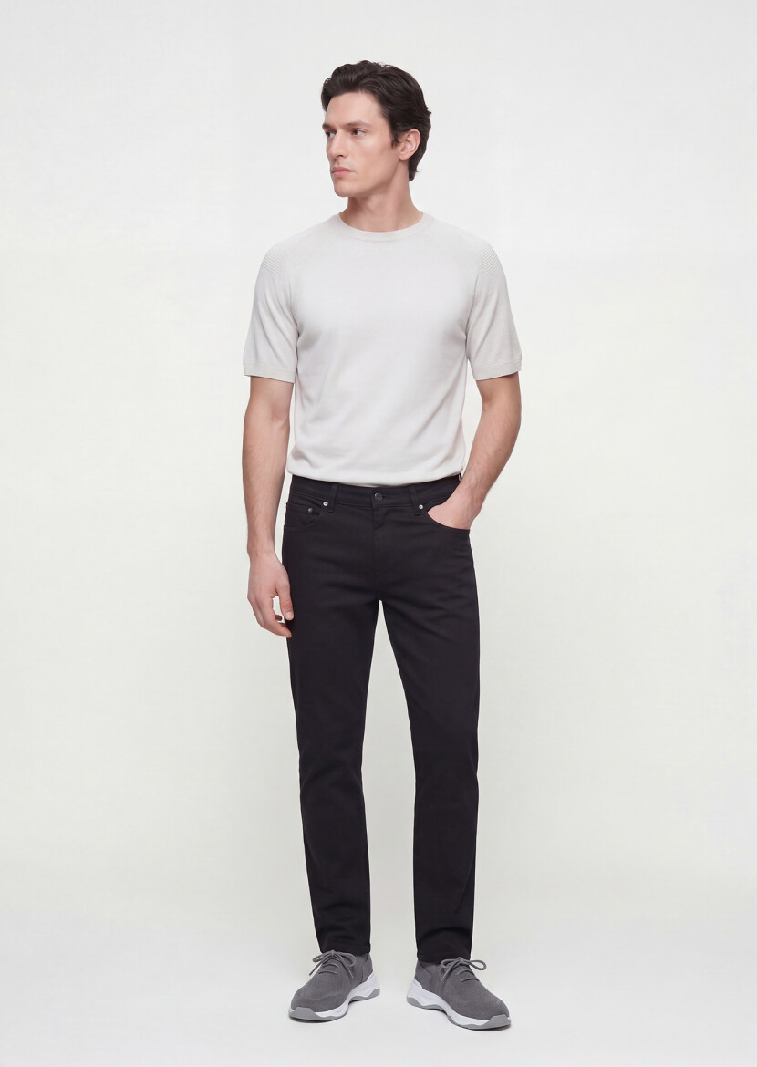 Siyah Düz Dokuma Slim Fit Casual Pamuk Karışımlı Pantolon - 3