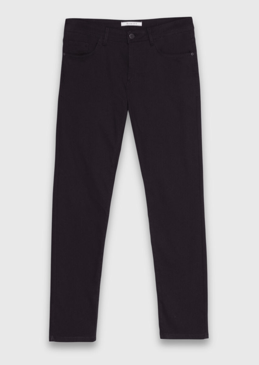 Siyah Düz Dokuma Slim Fit Casual Pamuk Karışımlı Pantolon - 5