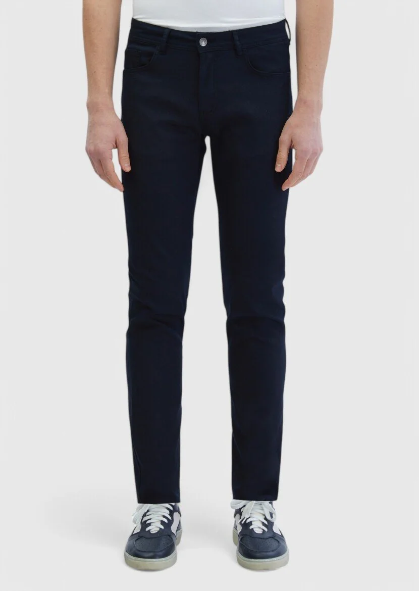 Siyah Düz Dokuma Slim Fit Casual Pamuk Karışımlı Pantolon - 2
