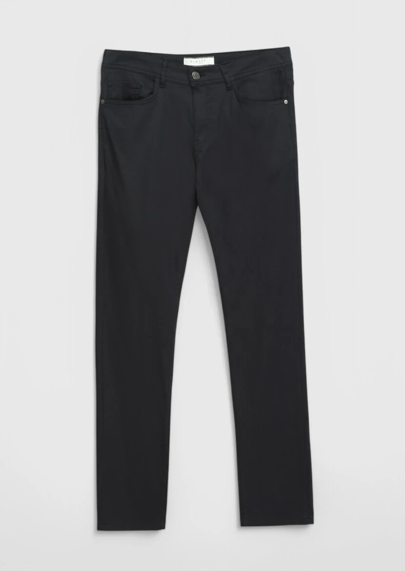 Siyah Düz Dokuma Slim Fit Casual Pamuk Karışımlı Pantolon - 7
