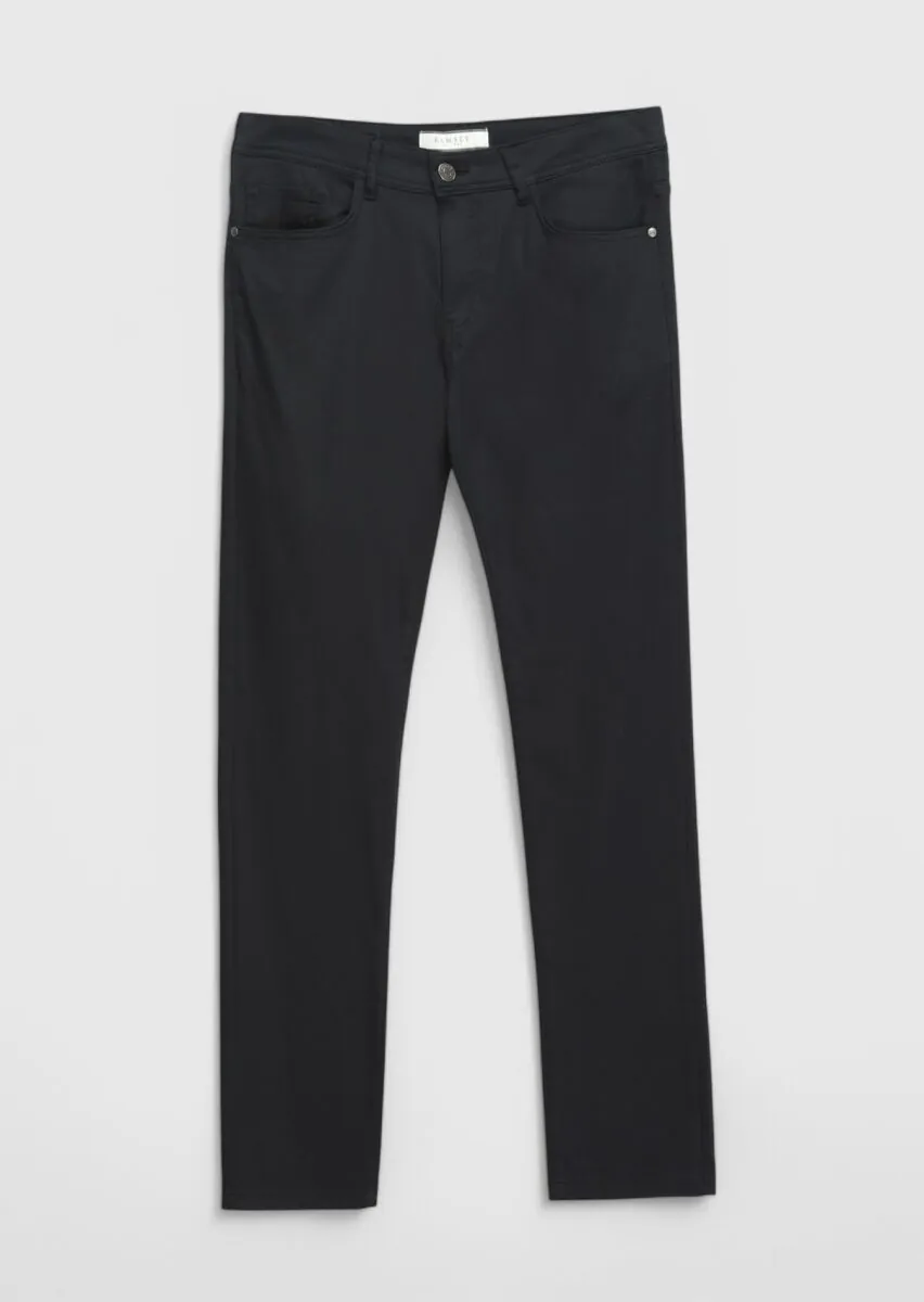 Siyah Düz Dokuma Slim Fit Casual Pamuk Karışımlı Pantolon - 7