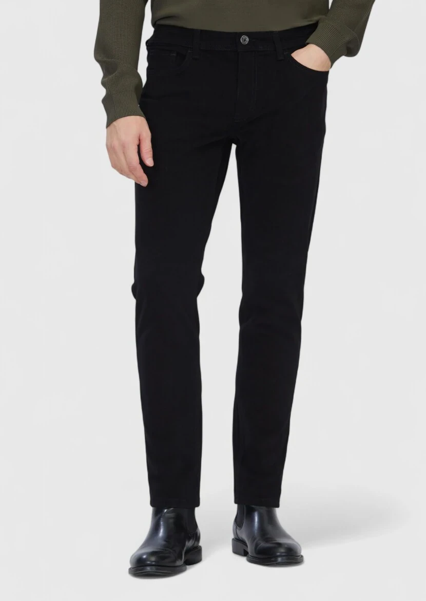 Siyah Düz Dokuma Slim Fit Casual Pamuk Karışımlı Pantolon 