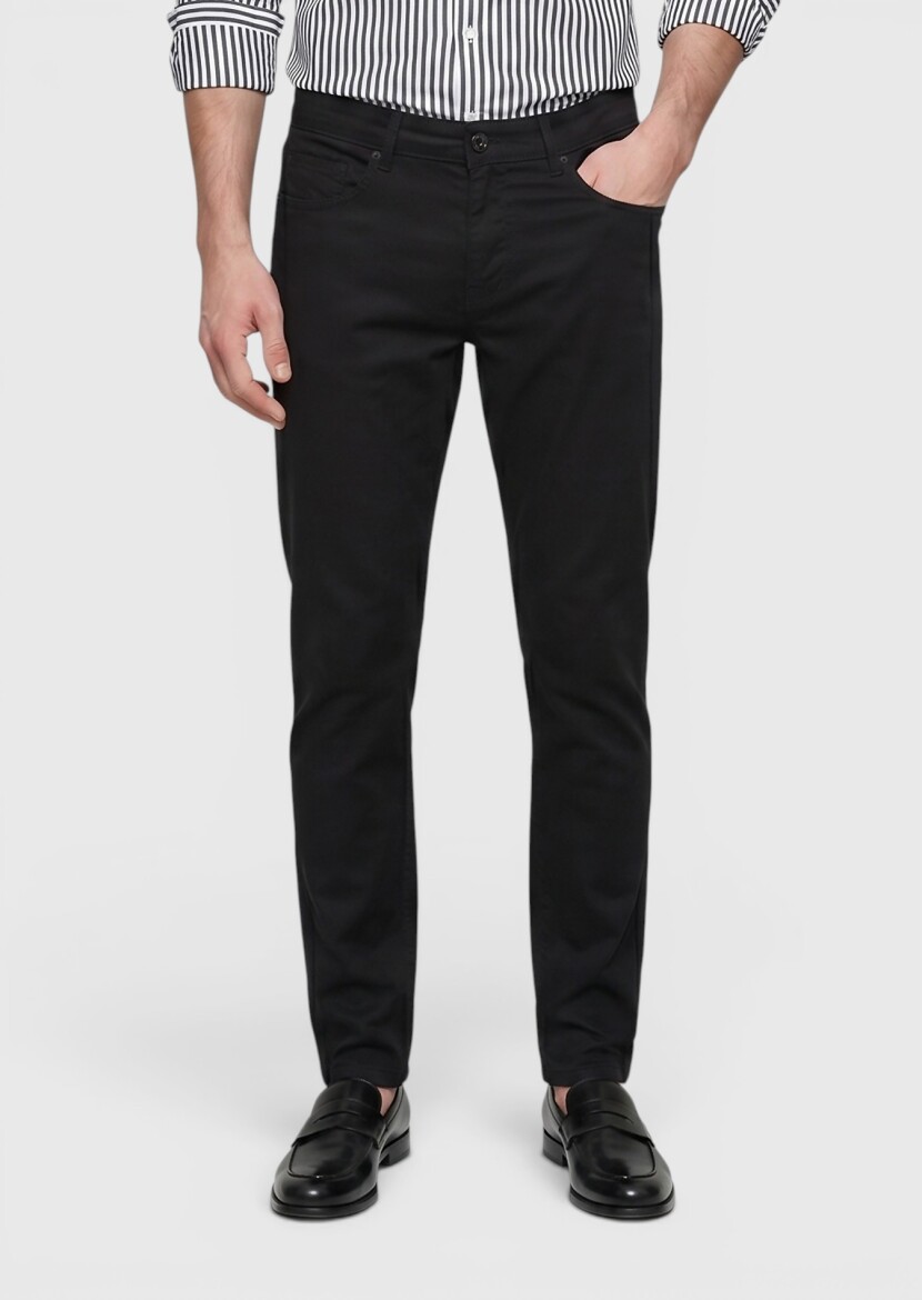 Siyah Düz Dokuma Slim Fit Casual Pamuk Karışımlı Pantolon - RAMSEY